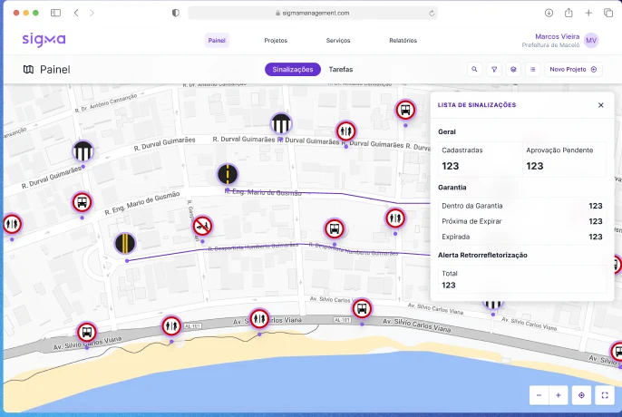 Painel real do Sigma: mapa de Maceió com pins de sinalização CONTRAN e lista de sinalizações com métricas